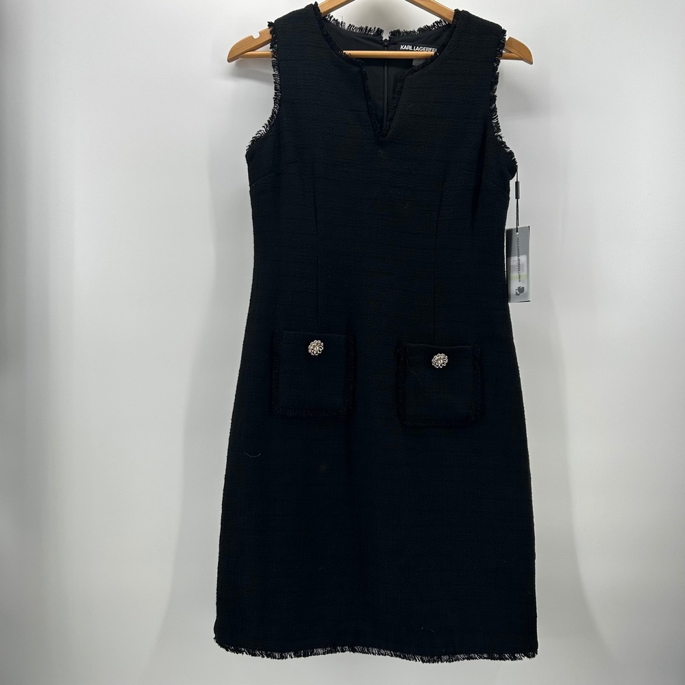 Karl Lagerfeld Paris Tweed Sheath Dress Womens 4 Black Fringed Pearl New NWT